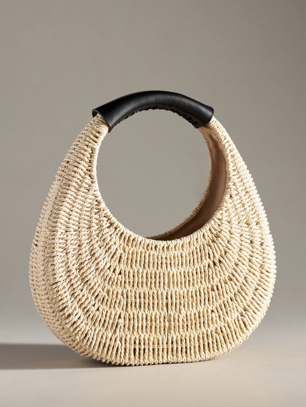 a new day Natural Straw Crescent Shoulder Bag with Black Handle